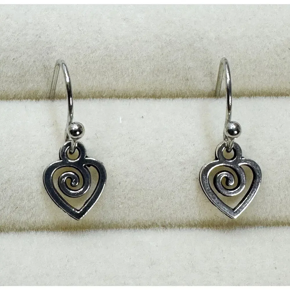Tiny Silver Heart Dangle Hook Earrings Swirl Open Heart 3/4 Inch Minimalist E482